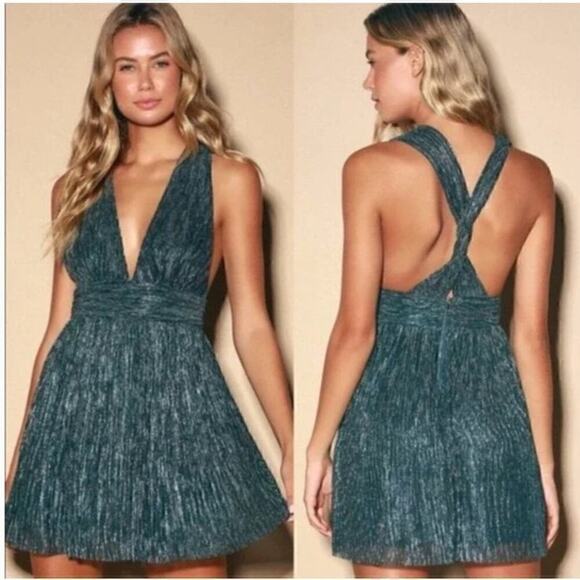 Lulu's Ailey Dress Metallic Sleeveless V-Neck Skater Mini Gold Teal NWT Small - Picture 1 of 13